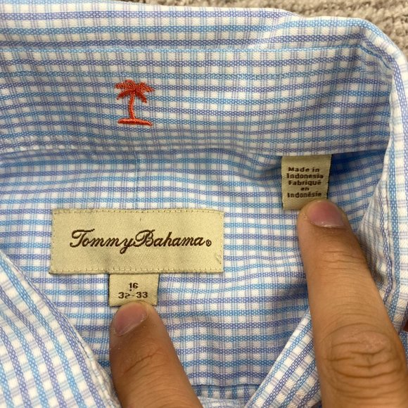 Tommy Bahama Shirt Men 16 32-33 Blue White Purple Checkered Button Up Casual - Picture 2 of 7